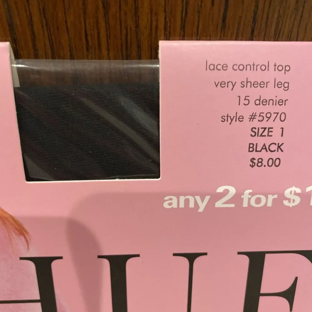 1 PR Hue Sexy Vintage French Lace Panty Control Top‎ Sheer Black Hose Size 1 NIP